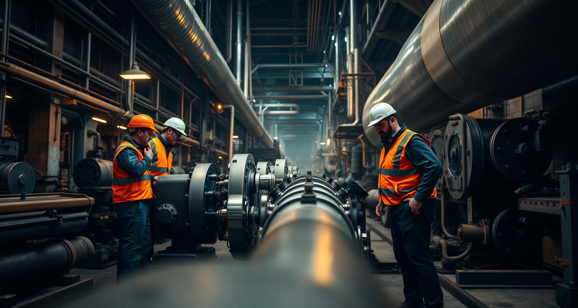 Engineers repairing pumps in a paper mill