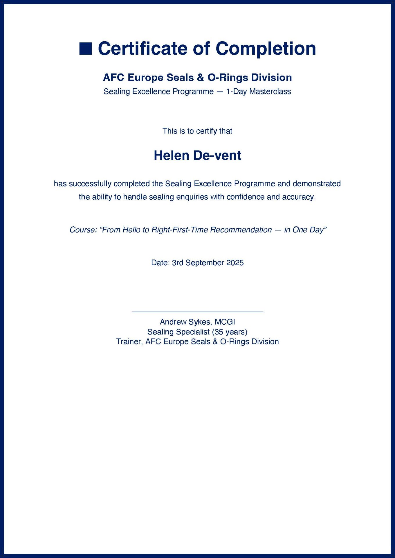 Certificate of Completion for Sealing Excellence Programme - AFC Europe