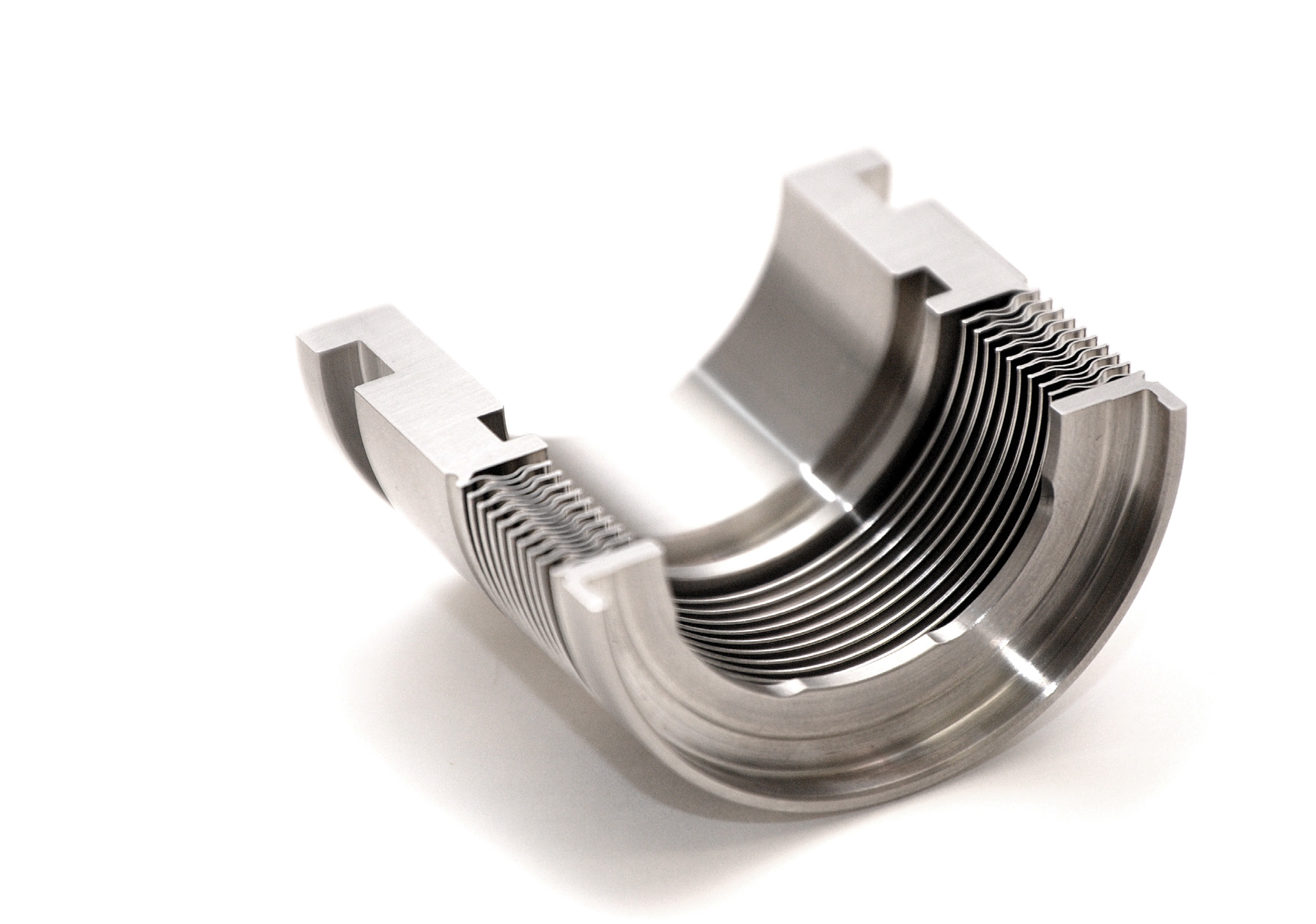Cutaway view of an edge welded metal bellows mechanical seal showing layered diaphragm construction